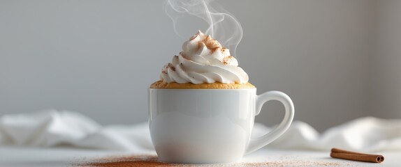 Pumpkin spice latte served in a white mug with whipped cream and cinnamon sprinkled on top.