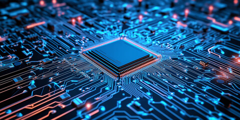 A close-up of a glowing microchip on a detailed circuit board, symbolizing advanced technology, innovation, and the complexity of modern electronics.