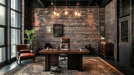 Industrial-Style Office Interior with Brick Wall and Leather Furniture