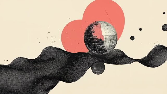 Abstract Composition Featuring Black Fluid Shapes, Geometric Figures, and Pastel Color Accents for Modern Artwork and Design Applications