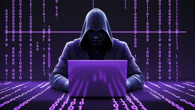 Neon Purple Cyber Criminal in Digital Matrix: Hooded Figure Typing on Laptop &ndash; Symbolizing Hacking, Cyber Attacks, and Online Security Vulnerabilities