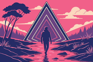 Obraz premium Silhouette of a person walking, giant neon triangle portal, surreal landscape, reflective water surface, vibrant sunset sky, pink and blue color palette, dreamy atmosphere, sci-fi aesthetic, synthw