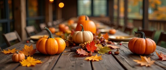 A rustic table adorned with pumpkins, leaves, and acorns, evoking a sense of autumnal warmth