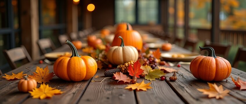 A rustic table adorned with pumpkins, leaves, and acorns, evoking a sense of autumnal warmth
