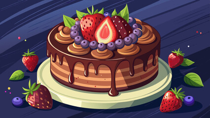 Fresh delicious homemade chocolate cake with berries on table against dark background. Space for text