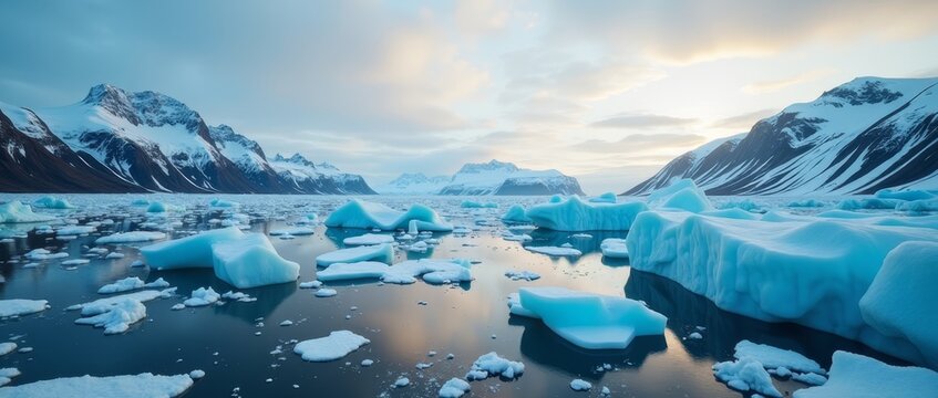 A frozen landscape of towering icebergs and snow-capped mountains