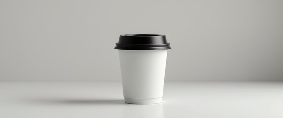 White Disposable Coffee Cup with Black Lid.