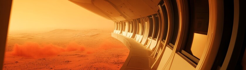 Obraz premium Scientific expedition lab on Mars, red dust swirling outside the windows