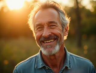 Portrait of smiling mature farmer enjoying sunlight in nature at sunset