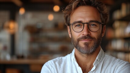 Obraz premium Close up portrait of man with beard and glasses, in a blurred background