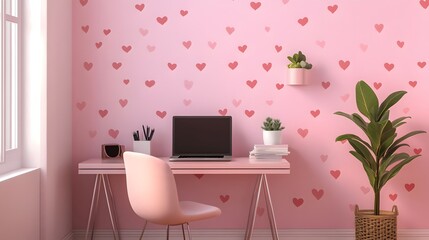 Cozy Workspace with Heart Wall Art and Modern Desk Setup