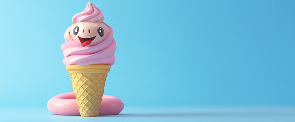 Smiling pink ice cream swirl character in a waffle cone with a playful expression and a snake-like body on a bright blue background, symbolizing creativity, fantasy, and imaginative dessert concepts