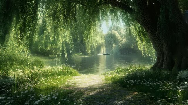 Tranquil river under willow tree with gentle breeze and dappled sunlight