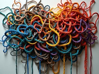A tangled mass of colorful strings