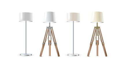 Lamp Set Closeup Isolated on White Background. Floor Lamps. Electric Torchere for Interior Design, Energy Furniture. Vector