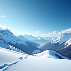 Obraz premium A serene snowy mountain landscape with a tranquil lake and majestic peaks