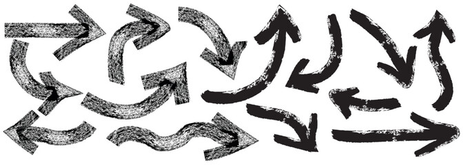 Various bold brush drawn curved arrows, Hand drawn vector direction pointers. Curved and wavy brush strokes with, Vector illustration