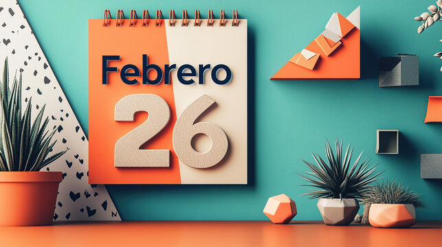 Dise&ntilde;o moderno de calendario para el 26 de febrero con elementos geom&eacute;tricos