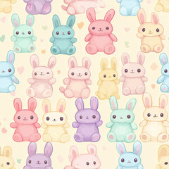 A colorful pattern featuring cute cartoon bunnies in various pastel shades, set against a light background with small hearts.