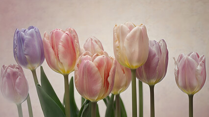 Fototapeta premium A vibrant mix of pink, white, and lavender tulips with soft petals, highlighted by a blurred pink backdrop