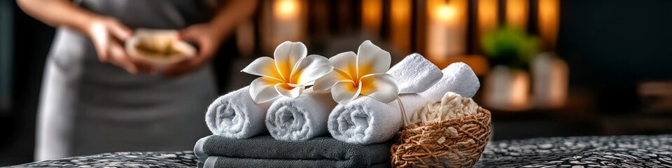 Relaxing spa treatment awaits; fresh towels and fragrant flowers.