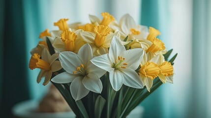 Fototapeta premium Daffodils bouquet indoors by teal curtain, gentle light