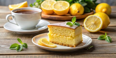 A slice of lemon cake with a delicate white glaze, accompanied by a cup of tea and fresh lemons, all resting on a rustic wooden table.