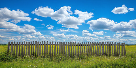 Obraz premium A rustic wooden fence stretches across a grassy meadow under a bright blue sky dotted with fluffy white clouds, evoking a sense of openness and simplicity.