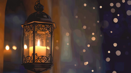 decorative vintage lantern with lit candle creating romantic warm glow in cozy evening atmosphere