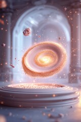 Cosmic dust swirling in a grand hall, a mesmerizing celestial dance.