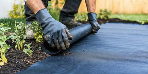 A person kneels while carefully laying a black garden fabric on a pebble path, surrounded by vibrant green plants in a well-maintained outdoor area.