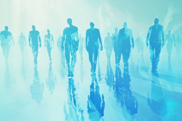 Abstract Silhouettes of People Walking Through a Dreamlike Blue Atmosphere. Generative AI.