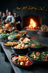 Fototapeta premium A bountiful feast spread before a roaring fire, enjoyed by medieval-style figures.