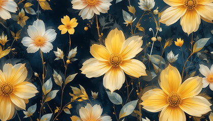 Abstract minimalist vibrant transparent wild flowers in oil painting seamless pattern with transparent leafs in lashes yellow natural, vintage, soft colours combination, digital painting, brush stroke