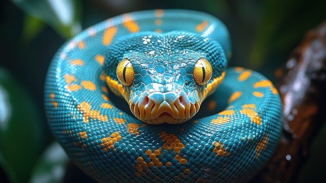 Emerald tree python coiled, jungle background, wildlife photography, nature poster