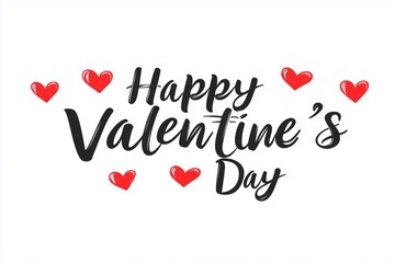 A festive design featuring the phrase "Happy Valentine's Day" with red hearts on a white background.