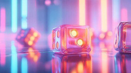 Glowing glass dice in vibrant neon light. A game of chance.