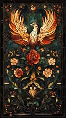 Phoenix Bloom, stained glass, Gothic style, Phoenix stained glass shards