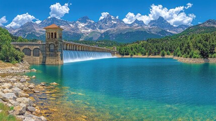 Fototapeta premium Alpine Dam Overflowing Turquoise Lake Scenic View