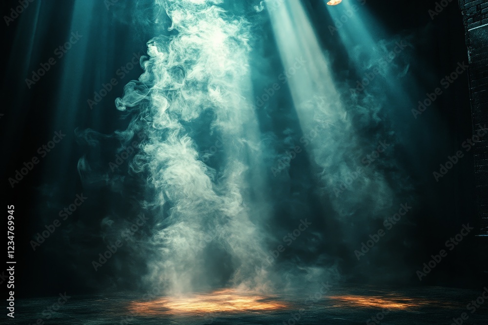 Poster dramatic lighting and smoke create a captivating atmosphere in an empty performance space during the