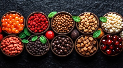 Assorted colorful candy and chocolate treats in small bowls on dark stone background