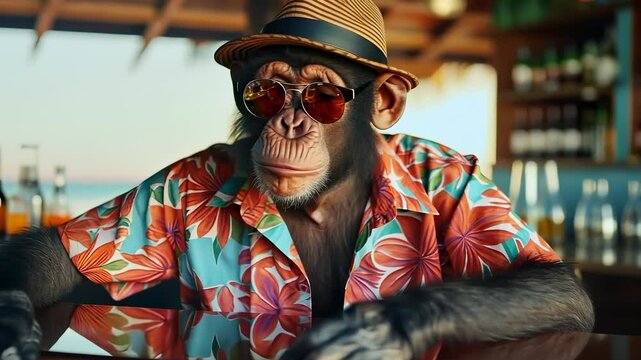 Monkey in a Hawaiian Shirt and Sunglasses Sitting at a Bar
