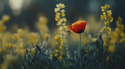 single red poppy flower among the flowers of the yellow mustard plant wild flowers blooming in spring are taken from close up