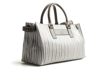 Contemporary grey and white striped shopping bag with leather handles and a durable build, showcased on an isolated white backdrop.