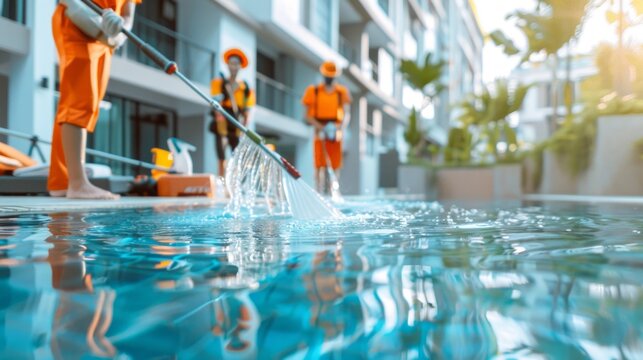 Pool cleaning crew using specialized equipment to maintain sparkling water.