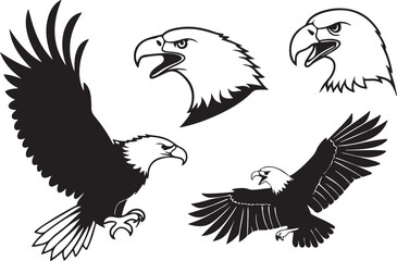 A variant style of bald eagle silhouette vector, flying bird head silhouette, flat birds icon illustration design, isolated on a white background.