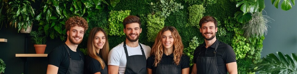 Fototapeta premium Team of young entrepreneurs posing in front of a vibrant green wall.