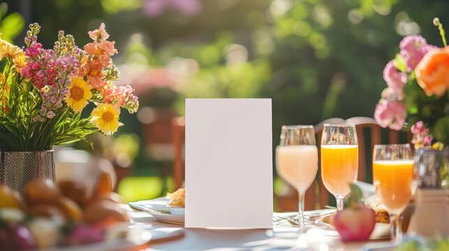a realistic blank white menu card mockup, size is 5x7 inches in portrait orientation at an outdoor brunch table during a party with colorful pastel spring decorations