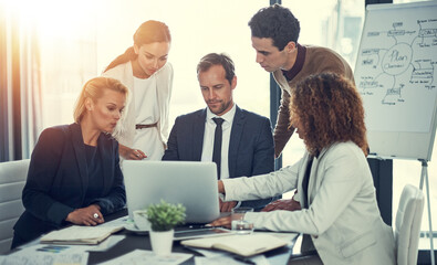 Obraz premium Office, teamwork and business people with laptop for meeting, economy research and investment review. Flare, employees and financial advisor with digital for accounting firm, planning and solution