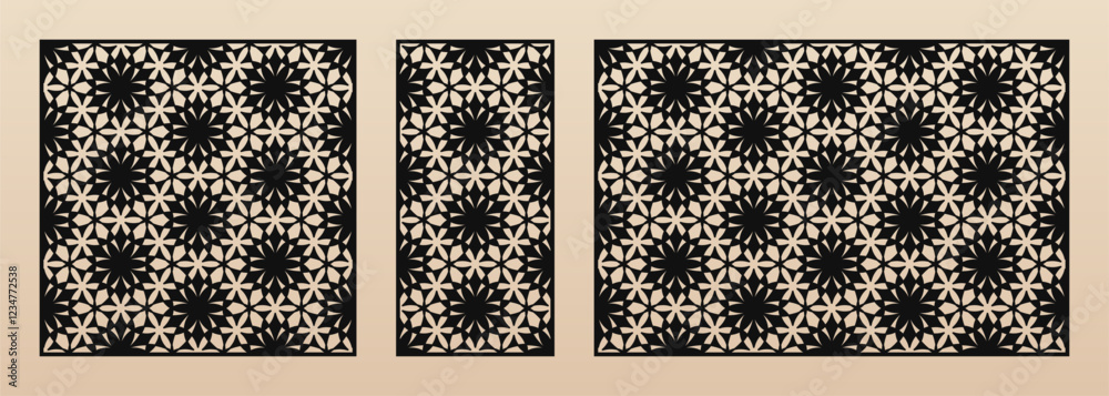 Poster laser cut patterns. vector template with abstract geometric ornament in oriental style, floral grid 